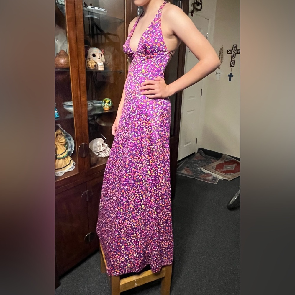 Vtg 70s Disco Hippie Maxi Dress Halter Low back Pink floral psychedelic - Picture 9 of 10